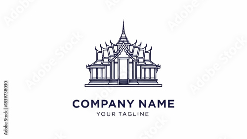 A minimalist line art logo featuring a traditional Thai temple or palace building with intricate tiered roofs and columns, in dark blue on a white background.