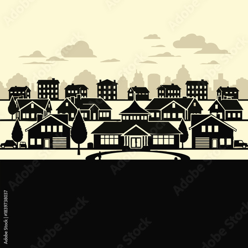 Silhouette of suburban neighborhood with houses and trees under cloudy sky.