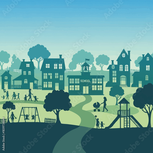 Illustration of a peaceful suburban neighborhood with children playing and a school building.