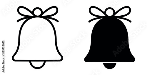 Christmas bell icons set with ribbon, line and solid styles, holiday jingle bell symbols for winter celebrations, festive decoration bell collection in clean minimal flat design - stock vector