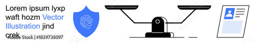 Identity verification, data privacy, digital security, authentication, biometrics, balance in decision making. Blue fingerprint shield, weighing scale and ID card. Identity verification and data