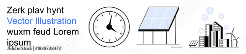 Renewable energy, sustainability, technology, modern cities, clean power, efficiency. Illustration solar panels, a clock and urban buildings. Renewable energy and sustainability concept