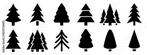 Christmas tree icons set. Winter pine and fir silhouettes in simple solid styles. Festive holiday evergreen tree collection for Christmas decorations and seasonal design - stock vector