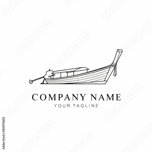 Minimalist line art logo design featuring a traditional Thai longtail boat, suitable for travel or tourism businesses.