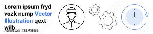 Productivity, teamwork, time management, automation, scheduling, organization. Minimal design of a person profile, gears and a clock. Productivity and teamwork concept