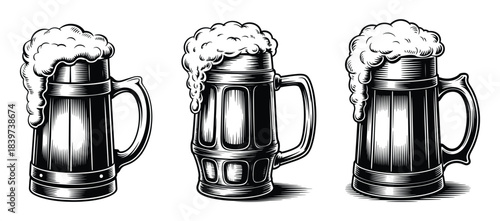 A detailed, monochrome illustration of a classic beer mug, The mug is overflowing with foamy beer, Frothy beer mugs in a vintage engraved style illustration, presented in a classic etched style