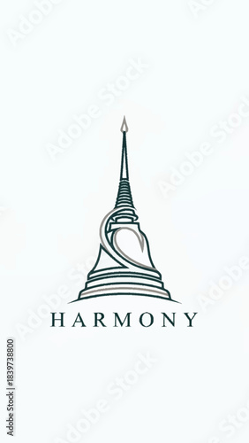 A stylized illustration of a modern Buddhist stupa or pagoda with the word Harmony below, set against a clean white background.