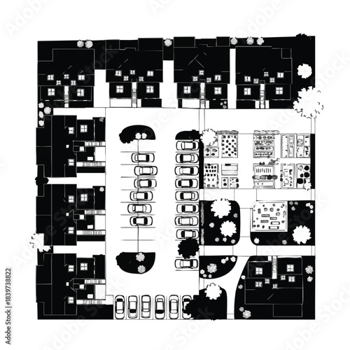 Architectural floor plan showing detailed layout of a building with parking and garden areas.