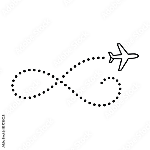 An elegant airplane tracing an infinite dotted path representing endless journeys and boundless exploration