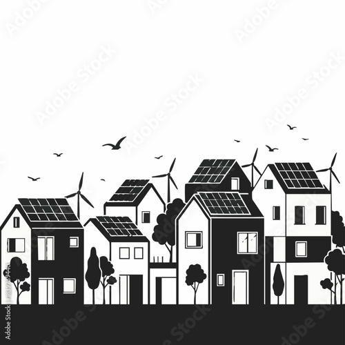 Sustainable neighborhood with houses featuring solar panels and wind turbines.