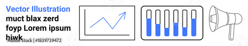 Line graph indicates trends, bar graph depicts data comparison, megaphone suggests announcement or outreach. Ideal for business analytics, marketing, data trends, strategy, communication