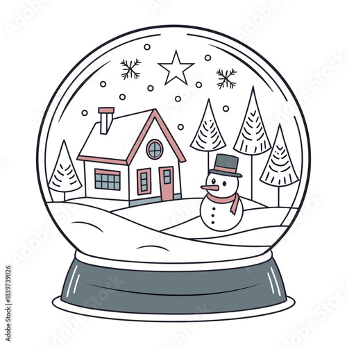 Whimsical hand drawn snow globe with cozy house and snowman