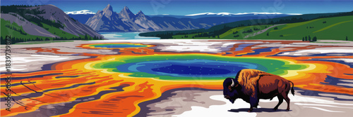 Colorful Yellowstone geyser landscape illustration with bison, thermal hot spring, mountains and lake in vibrant national park scenery