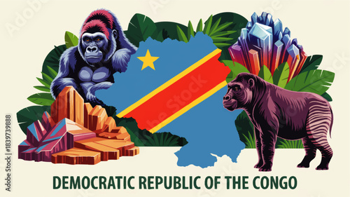 Democratic Republic of the Congo map with flag, gorilla and okapi wildlife, tropical jungle leaves and colorful mineral crystals illustration