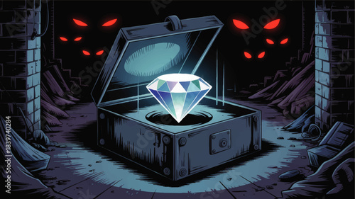Glowing diamond treasure in mysterious dark dungeon, fantasy illustration of magical gem in chest with red monster eyes