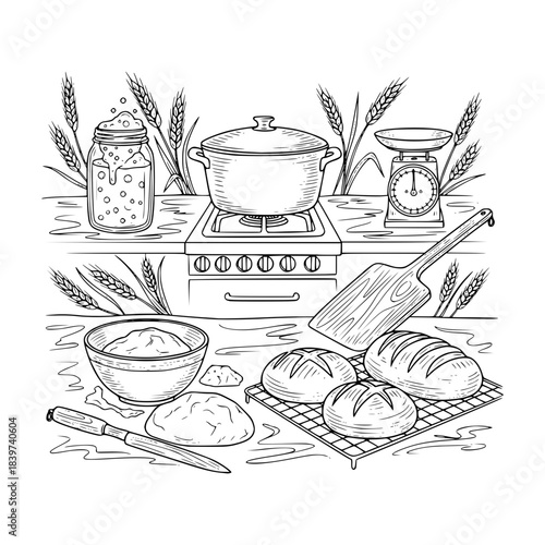 Homemade Sourdough Bread Baking Vector Line Art, Hand-Drawn Sketch Style Artisan Bread Making Illustration, Rustic Loaf, Starter, and Kitchen Drawing
