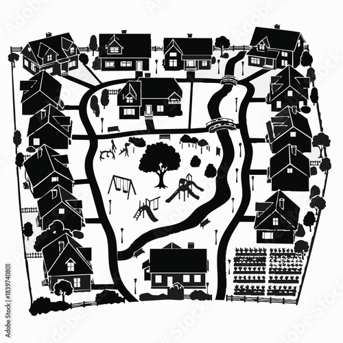Black and white illustration of a suburban neighborhood with houses and a central park area.