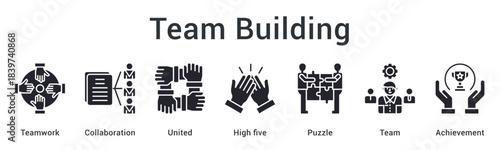 Team building fostering collaboration and unity through integrated teamwork leading to collective achievement. icon sheet multiple style collection