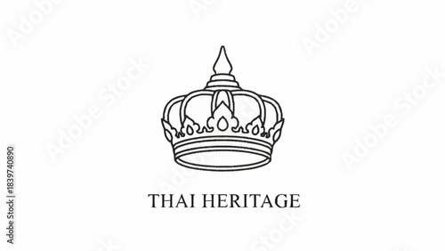Black and white line art illustration of a traditional Thai crown with the text 'THAI HERITAGE' below it, on a plain white background.