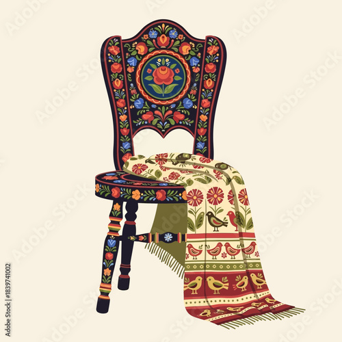 Colorful traditional embroidered wooden chair with vibrant textile and textile drape showcasing