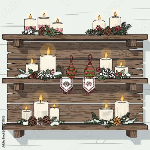 Cozy holiday decor display featuring candles pinecones and ornaments on wooden shelves with