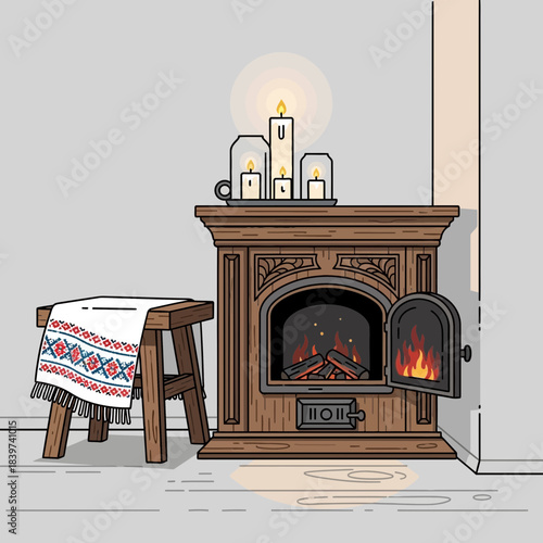 Cozy indoor fireplace scene with lit candles and wooden stool under a decorated cloth