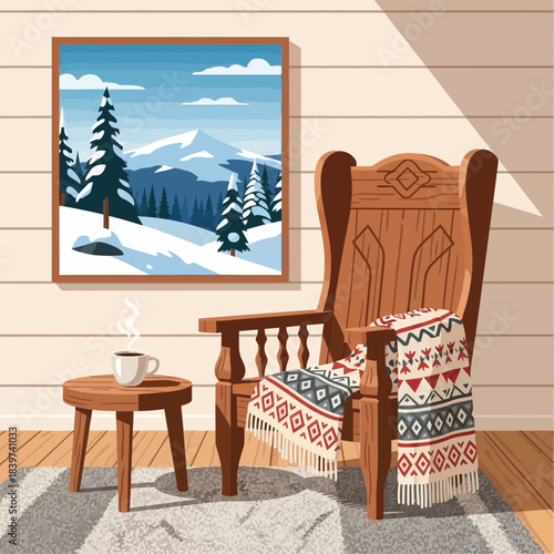 Cozy mountain cabin interior featuring a wooden rocking chair and winter landscape artwork