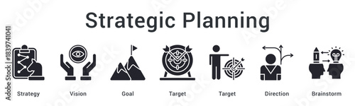 Strategic planning combining vision and goals with targeted direction through creative brainstorming sessions. icon sheet multiple style collection