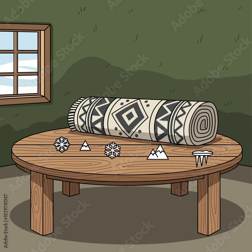 Cozy rustic interior with a rolled rug on wooden table decorated with winter miniatures