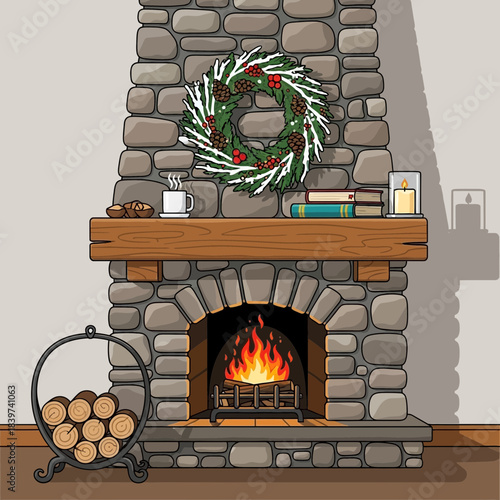 Cozy stone fireplace with festive wreath above hearth and wooden mantle inside a warm home