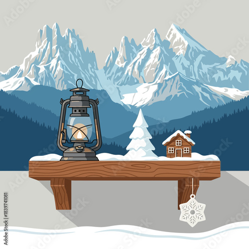 Cozy winter mountain scene with lantern, snow-covered cottage and snowflake ornament