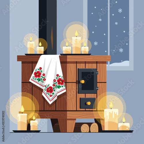cozy winter scene with lit candles on a wooden stove and snowy window view