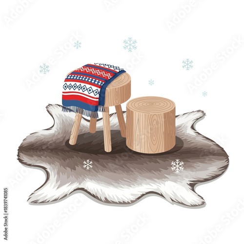 Cozy winter scene with wooden stool and fur rug accented by snowflakes and a colorful knitted