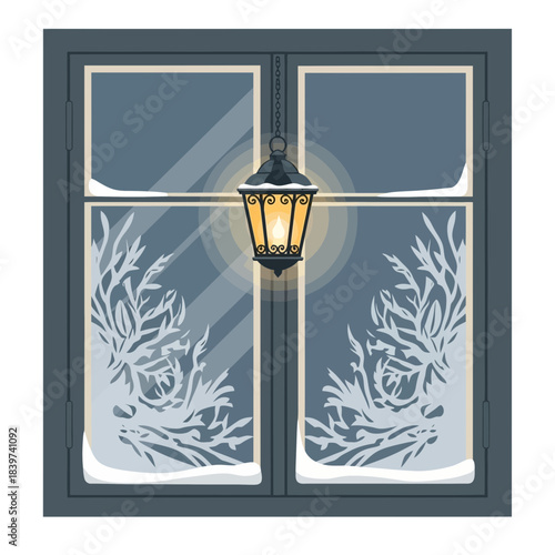 Cozy winter scene with snow-covered windows and warm lantern light illuminating the night ambiance