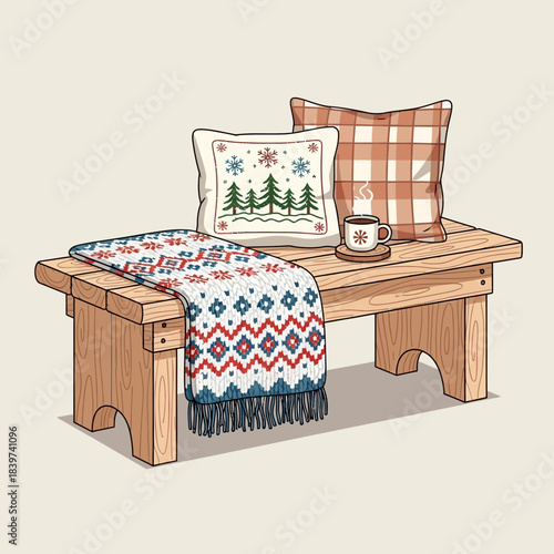 Cozy Wooden Bench with Festive Christmas Pillows and Warm Mug Decoration