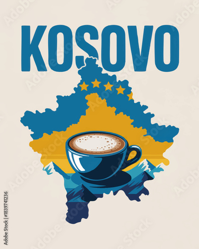 Kosovo coffee illustration with cappuccino cup, national map silhouette, blue yellow flag colors and travel poster style artwork