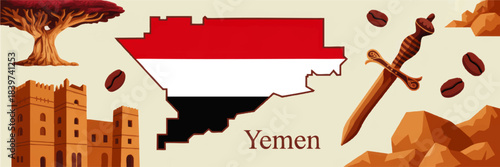 Yemen culture illustration with flag map, traditional dagger, ancient architecture, coffee beans, dragon blood tree and desert mountains