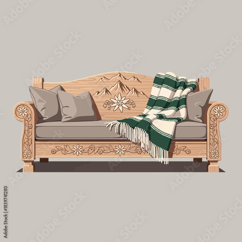 Elegant vintage wooden sofa with decorative carvings and cozy pillows and blanket arrangement for