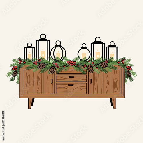 Festive holiday display with candles and greenery on wooden sideboard