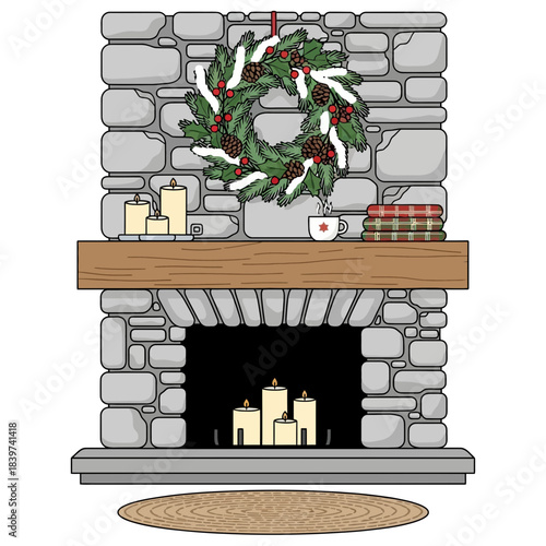 Festive holiday mantel decorated with candles and a Christmas wreath against a brick fireplace