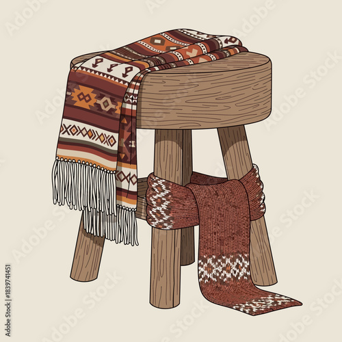 Illustration of a rustic wooden stool adorned with colorful cozy scarves and a patterned blanket
