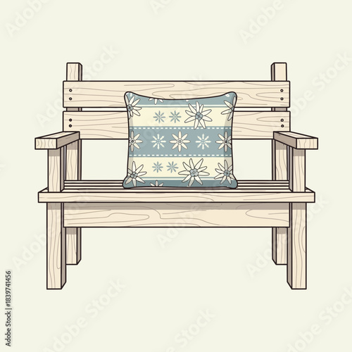Illustration of a wooden outdoor bench with a decorative cushion on a neutral background perfect