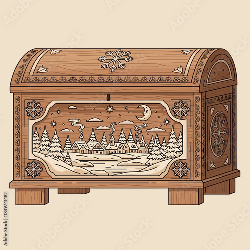 Intricately Carved Wooden Merry-Go-Round with Winter Scene Depiction Crafted for Decorative Purposes