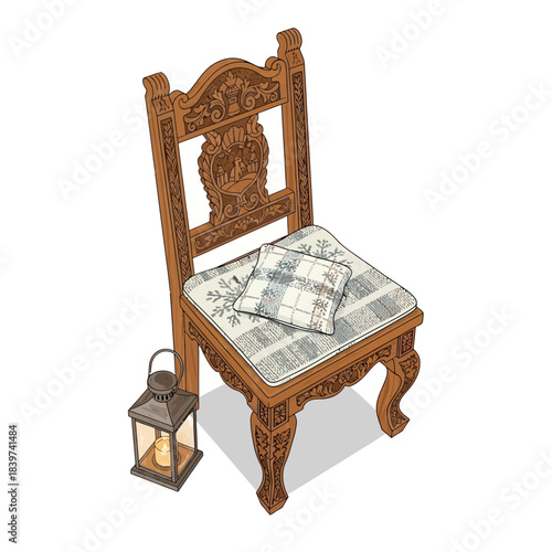 intricately carved wooden chair with cushion and lantern on floor beside it