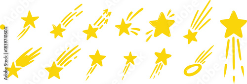 Whimsical Hand-Drawn Shooting Stars and Glowing Cosmic Icons on a Dark Background