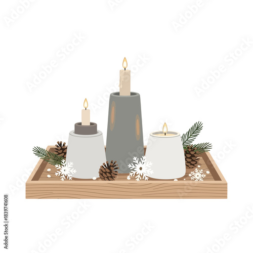 Minimalist Christmas Candle Decorations with Pinecones and Evergreen Sprigs for Festive Home Decor
