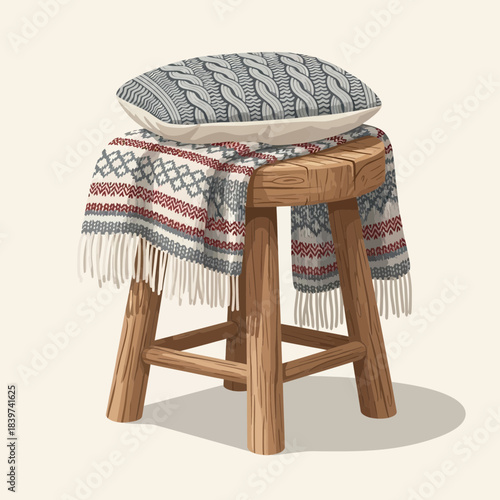 Rustic wooden stool with patterned cushion and woven blanket for cozy home decor