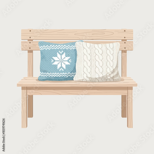 Minimalist wooden bench with cozy knitted and quilted pillows in a rustic setting