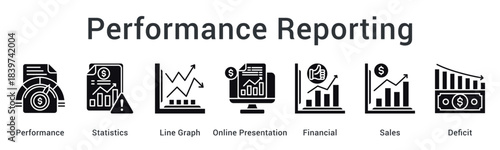 Performance reporting displaying statistics and graphs in online presentations showing financial sales and deficit analysis.