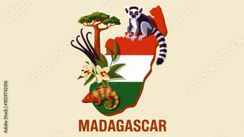 Madagascar travel poster with ring tailed lemur, chameleon, baobab tree, vanilla flowers and national flag map illustration